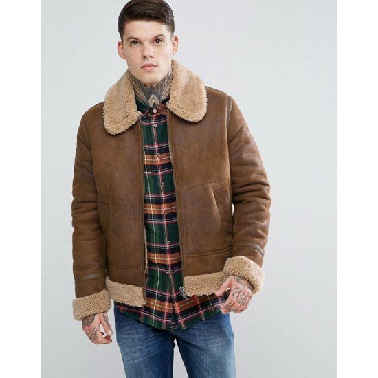 Mens Aviator Brown Leather Jacket With Faux Shearling