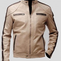 Beige Leather Moto Jacket
