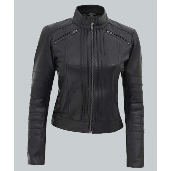 Bergamo Womens Black Slim Fit Genuine Leather Jacket