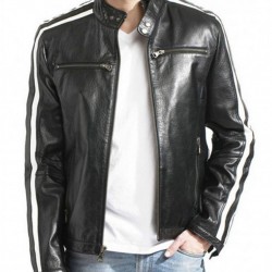 Biker Men’s White Stripes Black Leather Jacket Biker Men’s White Stripes Black Leather Jacket
