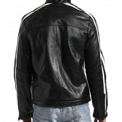 Biker Men’s White Stripes Black Leather Jacket Biker Men’s White Stripes Black Leather Jacket