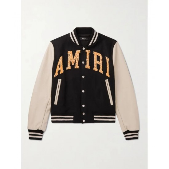 Black And Off-white Bomber Leather Jacket