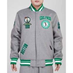 Boston Celtics Crest Emblem Heather Grey Varsity Wool Jacket Boston Celtics Crest Emblem Heather Grey Varsity Wool Jacket