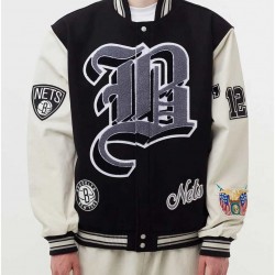 Brooklyn Nets 12 Letterman Black Wool and Leather Jacket