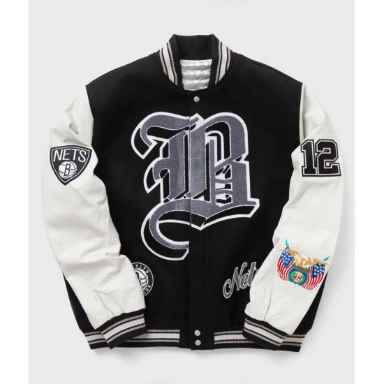 Brooklyn Nets 12 Letterman Black Wool and Leather Jacket