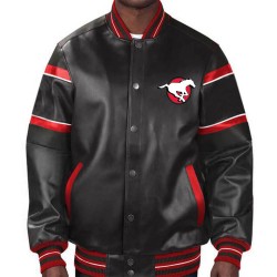 Calgary Stampeders Striped Varsity Leather Jacket Calgary Stampeders Striped Varsity Leather Jacket