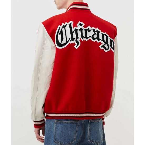 Chicago Bulls Red Wool and White Leather Varsity Letterman Jacket