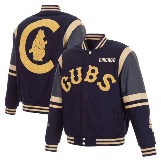 Chicago Cubs Embroidered Logo Varsity Navy Wool & Leather Jacket
