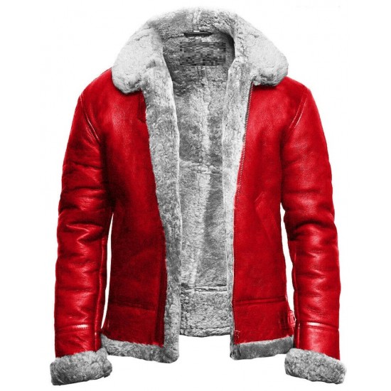 Christmas Holiday Red A2 Bomber Aviator With Real Fur Collar Genuine Leather Jacket