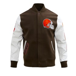 Cleveland Browns Classic Brown and White Wool Varsity Jacket Cleveland Browns Classic Brown and White Wool Varsity Jacket