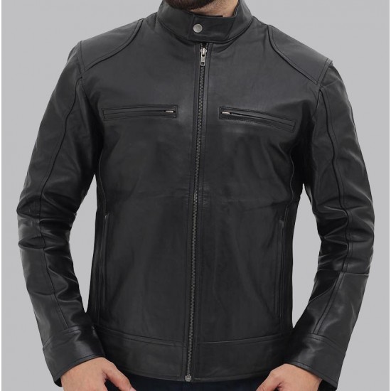 Dodge Black Mens Leather Racer Jacket