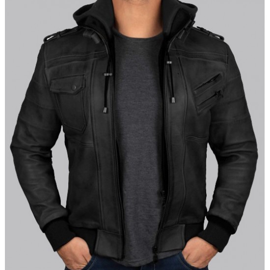 Edinburgh Black Hooded Leather Jacket