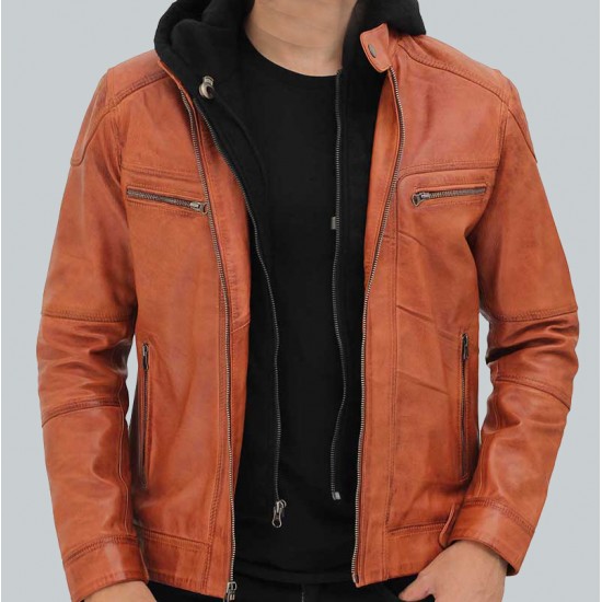 Edward Mens Tan Leather Jacket with Hood