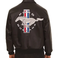 Embroidered Ford Mustang Bomber Black Leather Jacket Embroidered Ford Mustang Bomber Black Leather Jacket