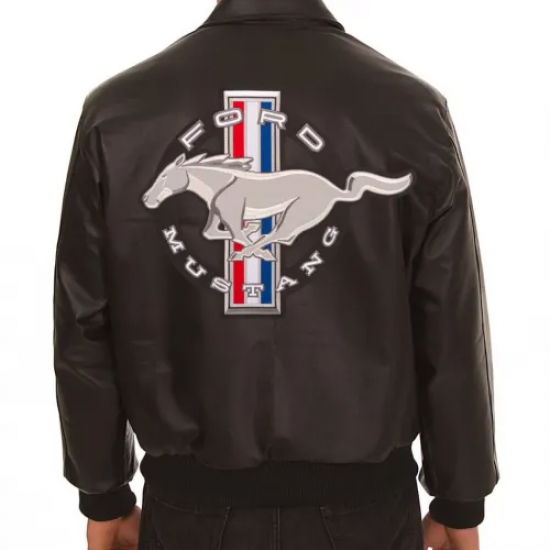 Embroidered Ford Mustang Bomber Black Leather Jacket