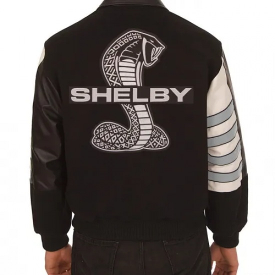 Embroidered Shelby Wool Black and Gray Leather Jacket