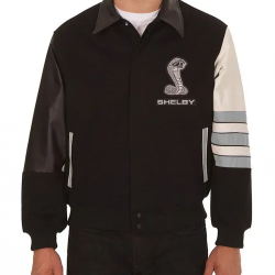 Embroidered Shelby Wool Black and Gray Leather Jacket Embroidered Shelby Wool Black and Gray Leather Jacket
