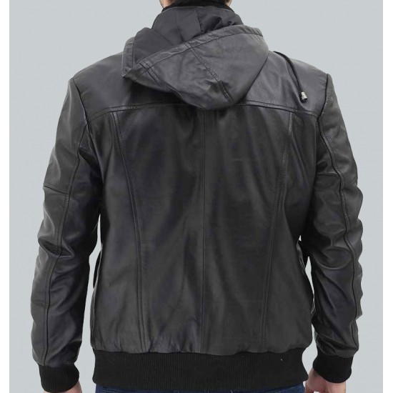 Frank Mens Black Leather Hooded Bomber Jacket Frank Mens Black Leather Hooded Bomber Jacket