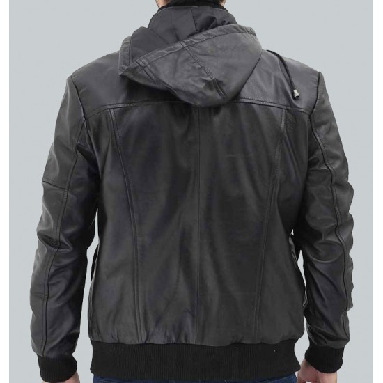 Frank Mens Black Leather Hooded Bomber Jacket