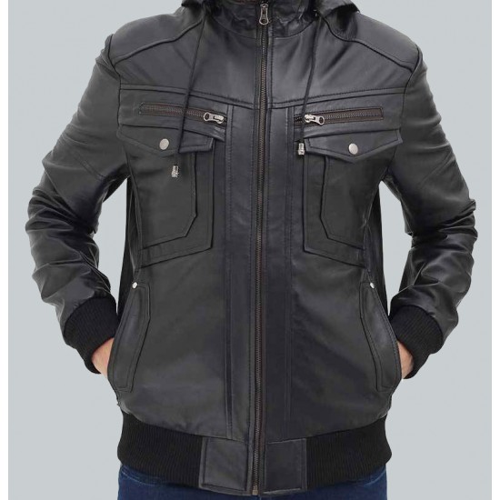 Frank Mens Black Leather Hooded Bomber Jacket Frank Mens Black Leather Hooded Bomber Jacket