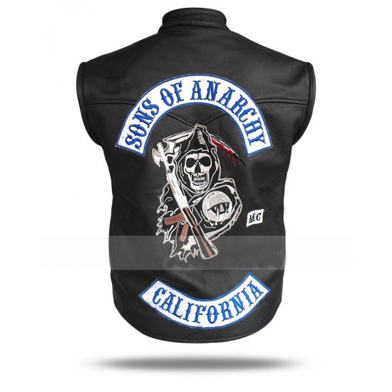 Sons Of Anarchy Leather Vest with SOA Skull logo on the backside. 
