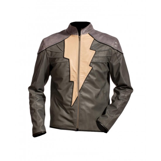 Injustice Gods Among Us Shazam Black Adam Leather Jacket With Shazam Logo on the Front.