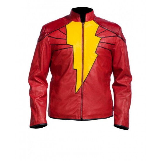 Injustice Gods Among Us Shazam Black Adam Leather Jacket With Shazam Logo on the Front.