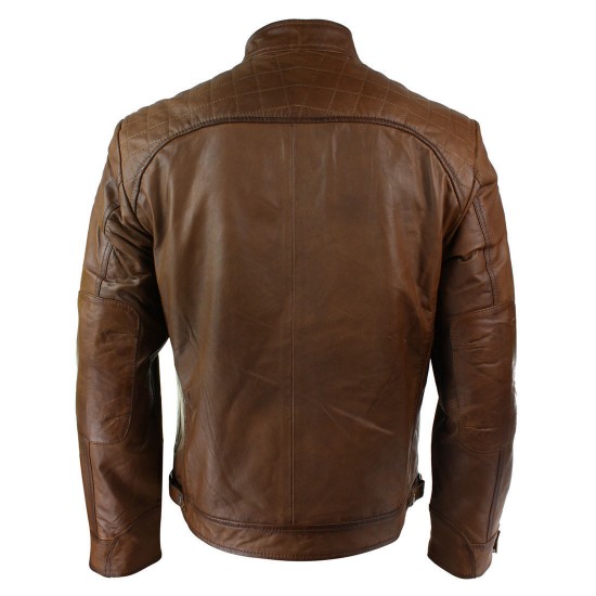 Distressed Brown Motorcycle Real Sheepskin Leather Biker Jacket