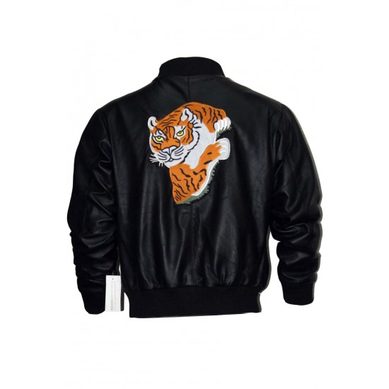 Rocky 2 Tiger Balboa Black Leather Jacket With Tiger Patch On the Back Side.