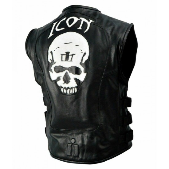 Men's Black Leather Motorcycle Vest With Skull Regulator on Back Side.