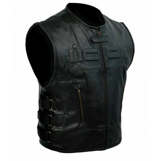 Men's Black Leather Motorcycle Vest With Skull Regulator on Back Side.