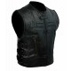 Men's Black Leather Motorcycle Vest With Skull Regulator on Back Side.