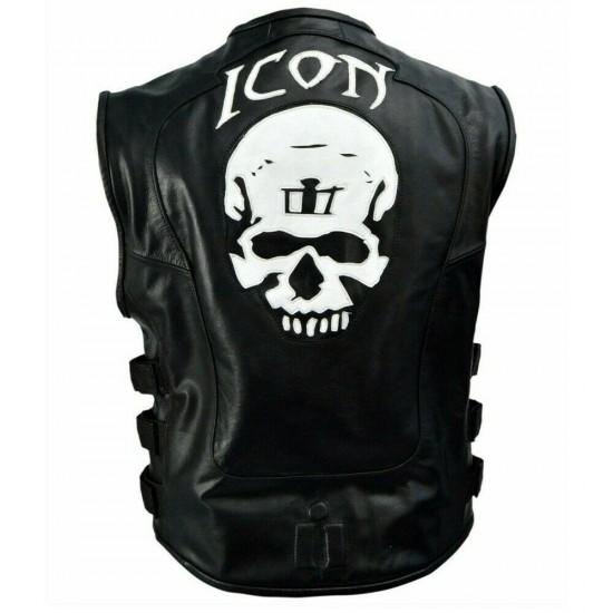 Men's Black Leather Motorcycle Vest With Skull Regulator on Back Side.