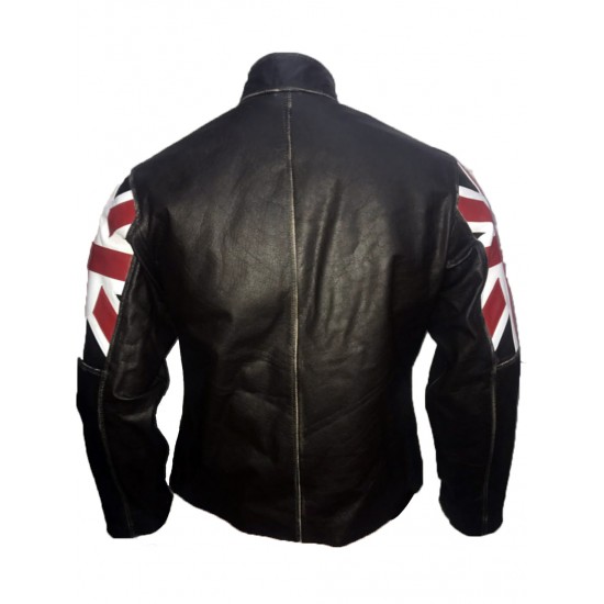 Men's UK Flag Vintage Biker Leather Jacket With UK Flag on both sleeves.