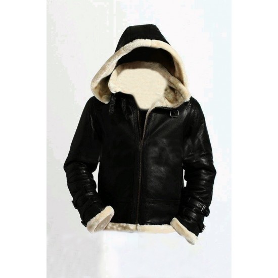 Mens Stylish B3 Bomber Full Fur Removable Hood Genuine Cow Leather Jacket