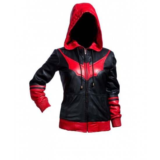 Batwoman Katherine Kane Leather Jacket With Red Color Hood And Batwoman logo on the front side.