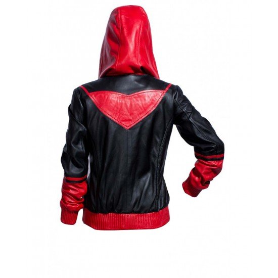 Batwoman Katherine Kane Leather Jacket With Red Color Hood And Batwoman logo on the front side.