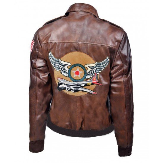 Captain Marvel Carol Danvers Brown Leather Bomber Jacket With USA Flag Badge At Left Sleeve And Air Force logo on the back side.