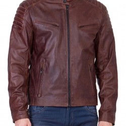 Men’s Biker Leather Brown Padded Shoulder Jacket