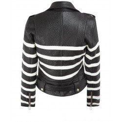 Women's Black and White Striped Leather Biker Jacket