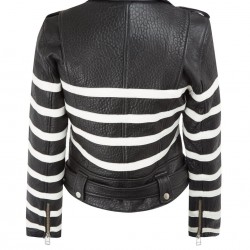 Women's Black and White Striped Leather Biker Jacket
