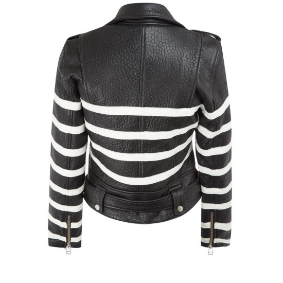 Lightweight Women's Leather Biker Jacket With black and white stripes.