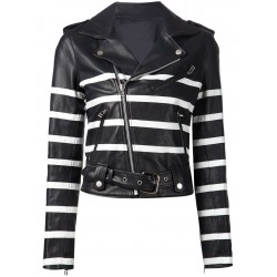 Women's Black and White Striped Leather Biker Jacket Women's Black and White Striped Leather Biker Jacket