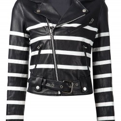 Women's Black and White Striped Leather Biker Jacket
