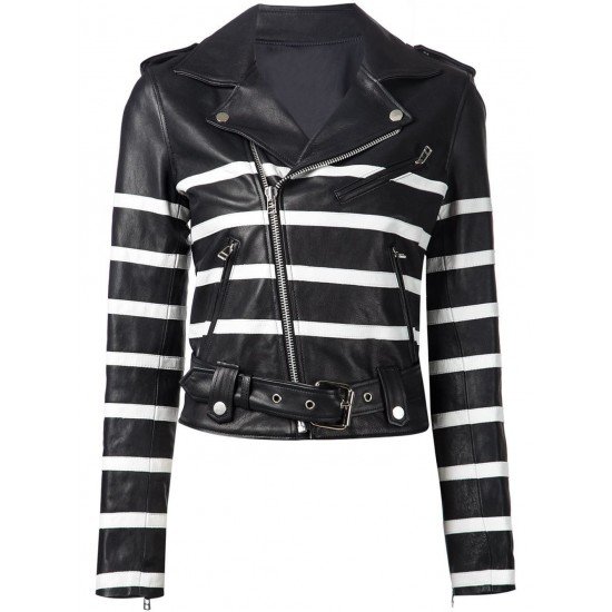 Lightweight Women's Leather Biker Jacket With black and white stripes.