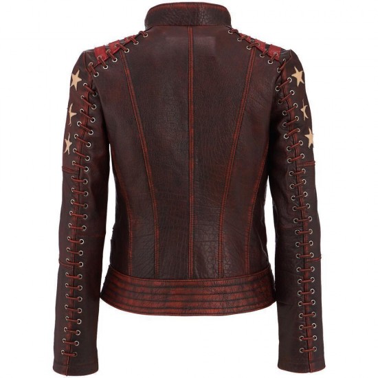 Vintage Style Star Wars Women Leather Jacket With Three Star Appliques on Sleeves And Stripes on Shoulders