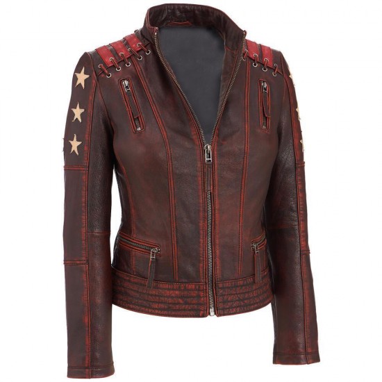 Vintage Style Star Wars Women Leather Jacket With Three Star Appliques on Sleeves And Stripes on Shoulders