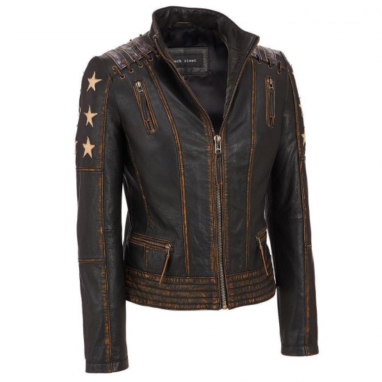 Vintage Style Star Wars Women Leather Jacket With Three Star Appliques on Sleeves And Stripes on Shoulders