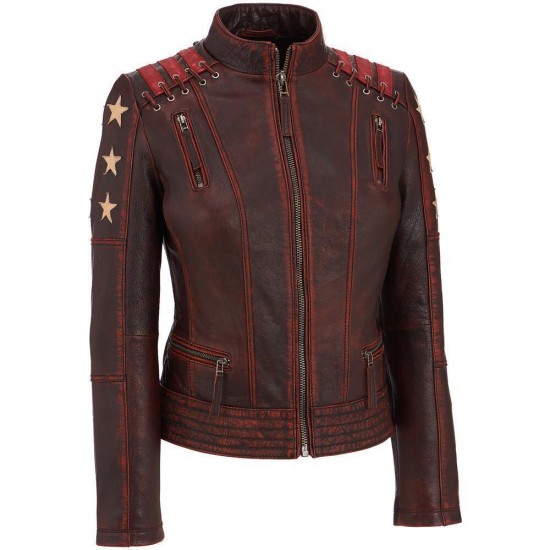 Vintage Style Star Wars Women Leather Jacket With Three Star Appliques on Sleeves And Stripes on Shoulders