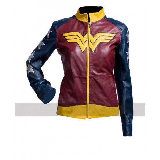 Wonder Woman Leather Jacket with Wonder Woman Logo on the Front side.